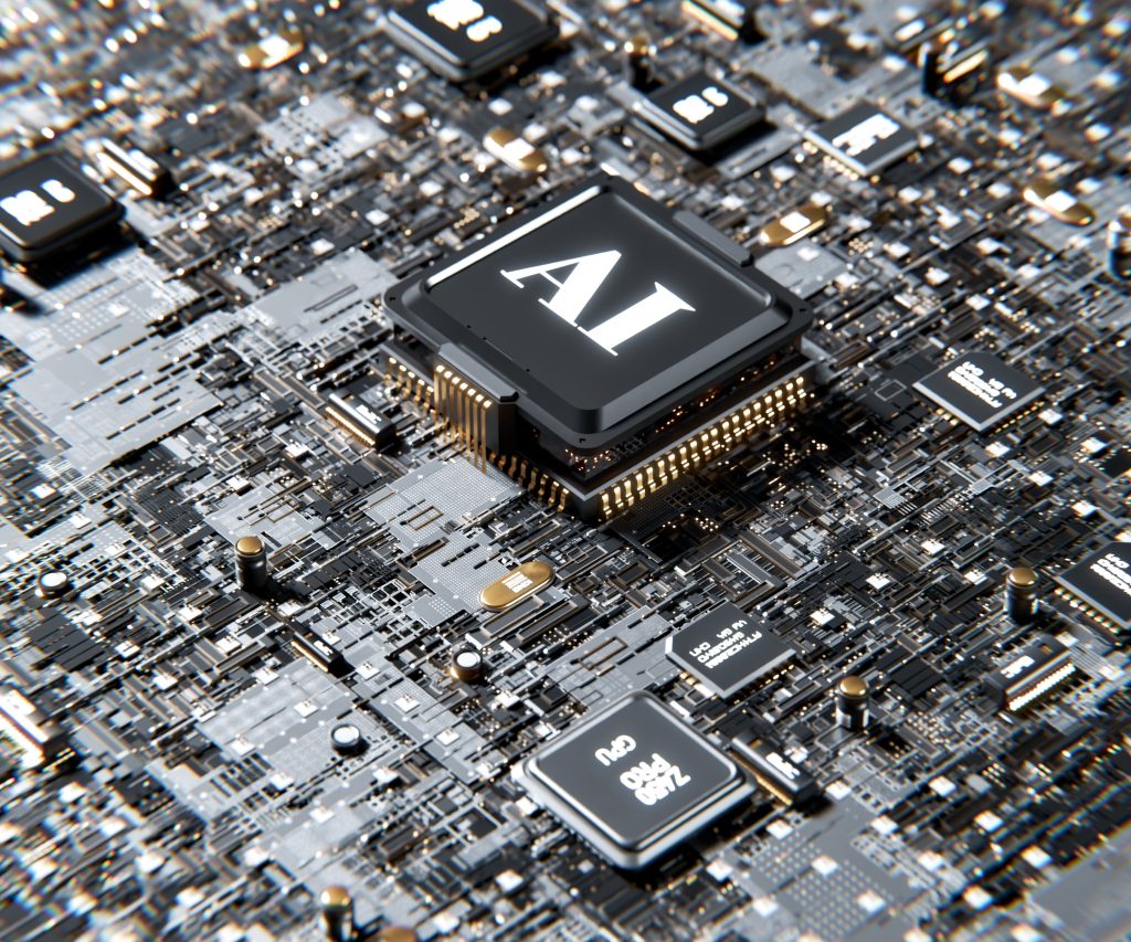 Close-up of a dark microchip with "AI" text on a complex circuit board, featuring gold and silver components, conveying a futuristic tech mood.