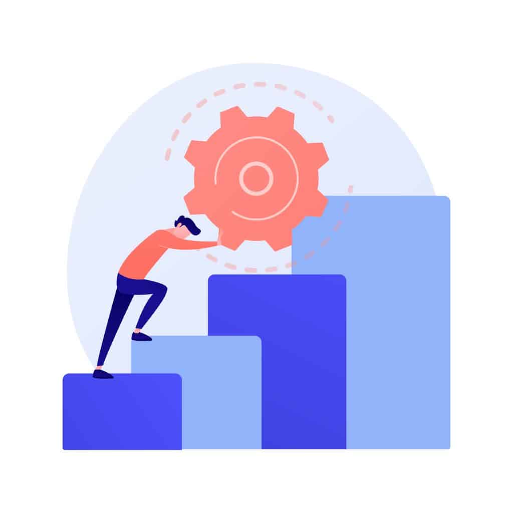 Illustration of a person pushing a large pink gear uphill on a set of blue ascending bars. Symbolizes progress, effort, and productivity.