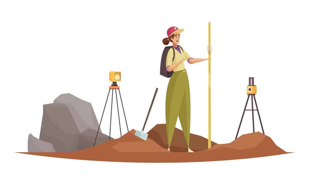 An archaeologist in a pink cap and green overalls stands on a dig site, holding a measuring rod. Survey tools and rocks are in the background.