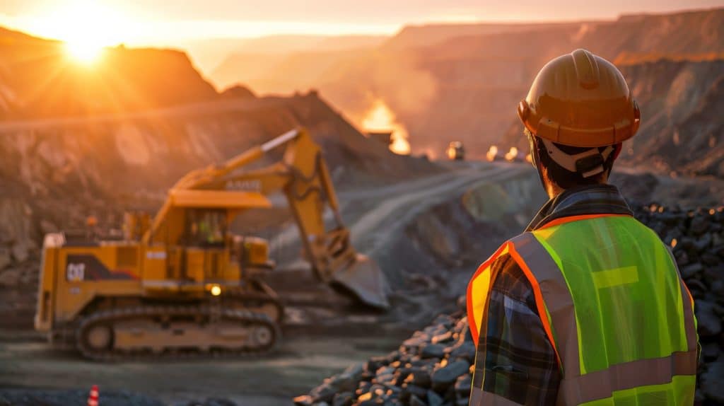A worker in a reflective vest and hard hat observes a large excavator in a quarry at sunset, conveying industry and diligence in a rugged landscape.
