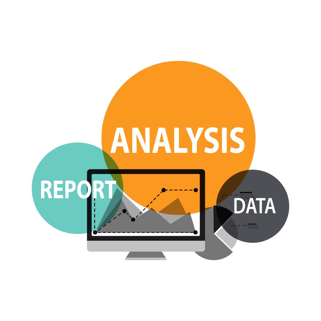Abstract graphic showing a computer screen with a line graph. Overlapping circles labeled "Analysis," "Report," and "Data" convey a theme of information processing.