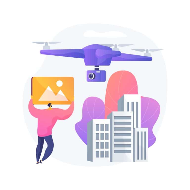Illustration of a large purple drone with a camera flying over skyscrapers. A person holds an image in a landscape frame. The tone is futuristic and innovative.